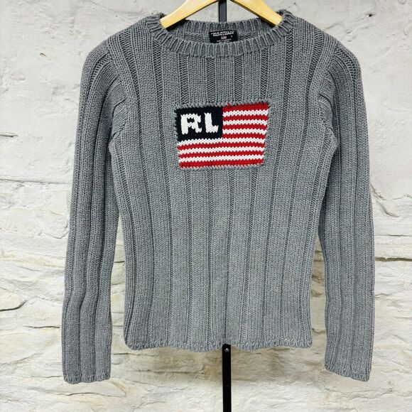 Vintage Polo Jeans Co Ralph Lauren Gray American Flag Chunky Rib Knit Sweater - Picture 1 of 6